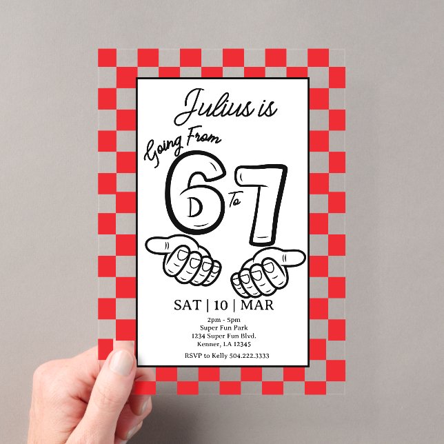 6 7 Meme Birthday Black Chequerboard Invitation (Insitu (Handheld))
