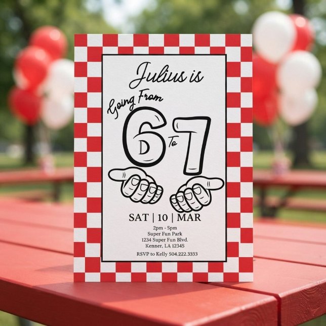 6 7 Meme Birthday Black Chequerboard Invitation (Creator Uploaded)