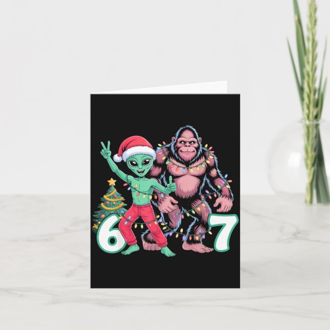 6 7 Meme Christmas Alien Sasquatch Six Seven Fun  Card (Front)