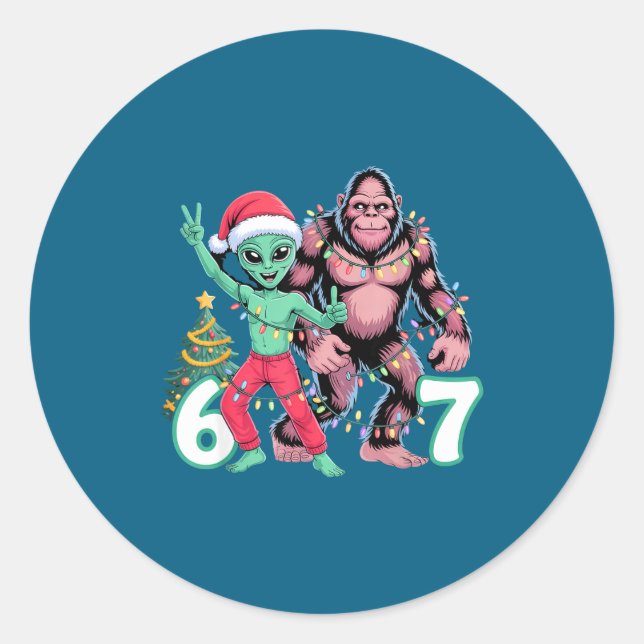 6 7 Meme Christmas Alien Sasquatch Six Seven Fun  Classic Round Sticker (Front)