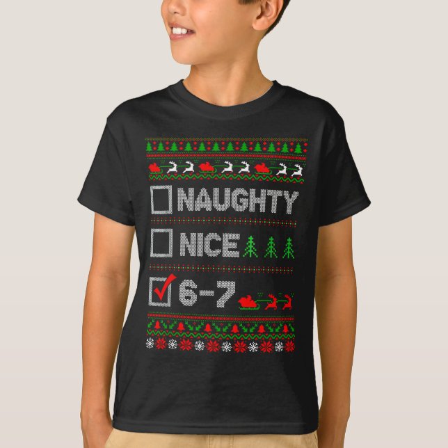 6-7 Meme Nice Naughty 67 Christmas Brain Rot Funny T-Shirt (Front)