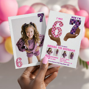 6 7 Meme Retro Pink Purple Checker Kids Birthday Invitation