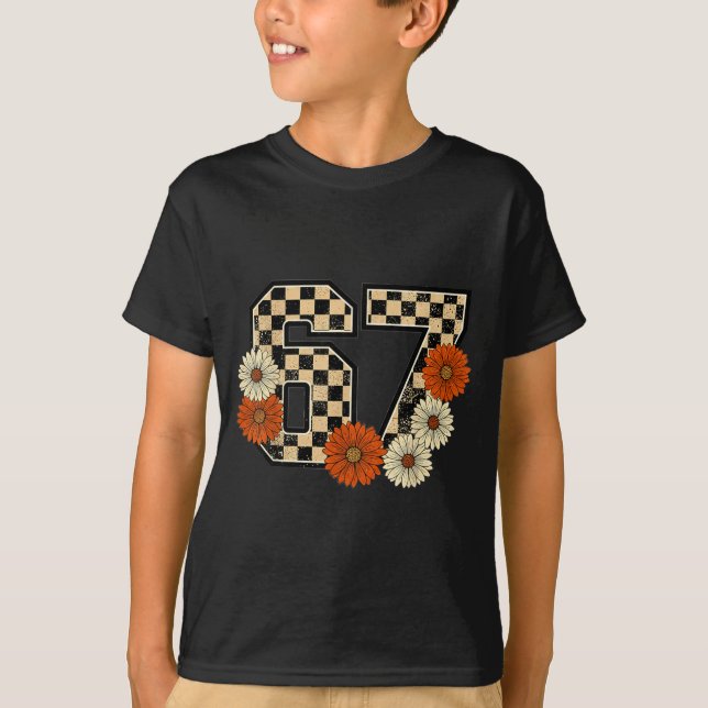 6 7 Retro Fall Meme Checkerboard Tee Haunted By 67 (Front)