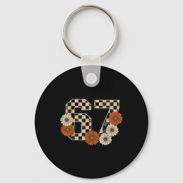 6 7 Retro Fall Meme Checkerboard Tee Haunted  Key Ring (Front)