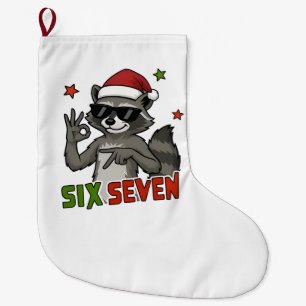  6 7 Six Seven Hand Gen Z Alpha Racoon Christmas Large Christmas Stocking
