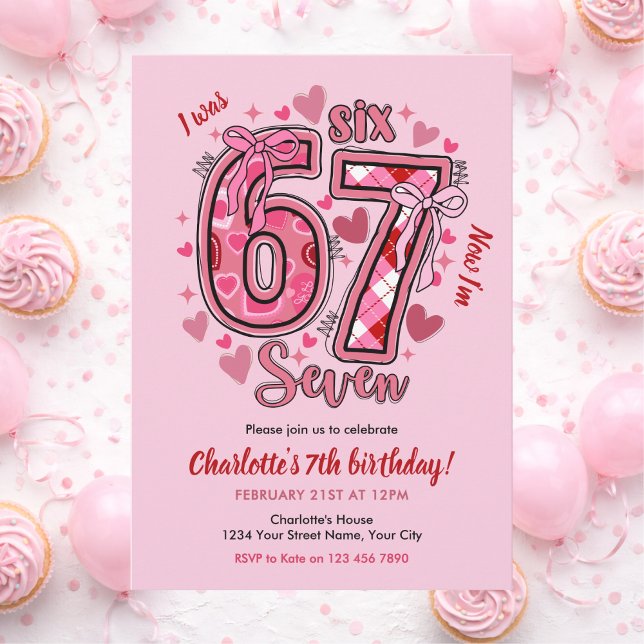 6 7 Six Seven Meme Trend Pink Girl 7th Birthday Invitation (Creator Uploaded)