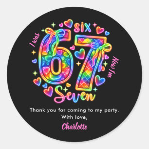 6 7 Six Seven Neon Girl 7th Birthday Party Favor Classic Round Sticker