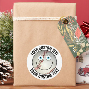 6 Baseball Personalised Text Custom Happy Face 3" Classic Round Sticker