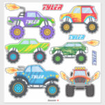 6 Cool Monster Trucks With Flames, DIY Names<br><div class="desc">Six cool monster trucks in various colours for kids with flames and personalised blue,  red and white names.</div>