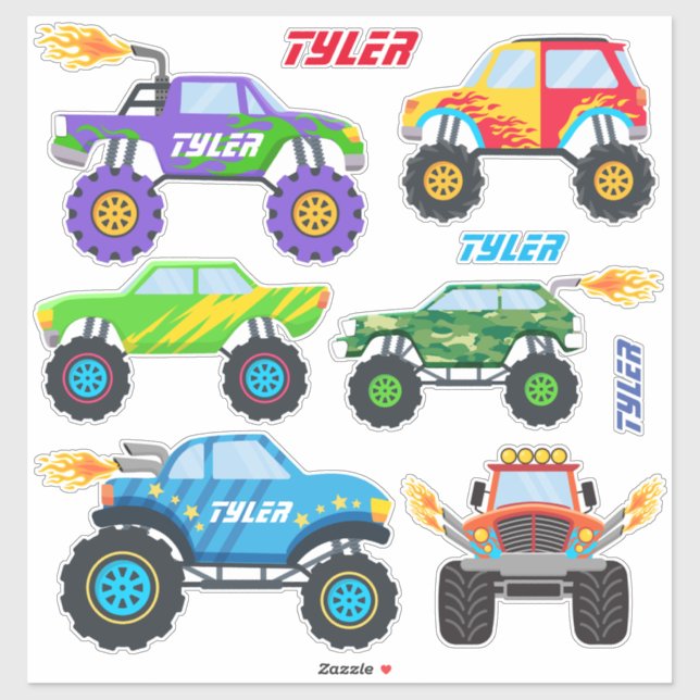6 Cool Monster Trucks With Flames, DIY Names (Sheet)