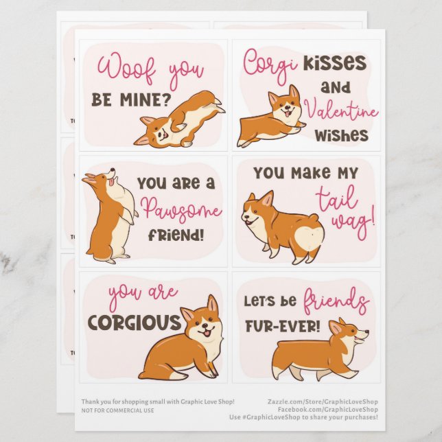 6 Corgi Dog Kids Classroom Valentine's Day Cards Custom Letterhead (Front/Back)