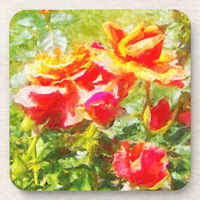 6 Cork Back Plastic Coasters Orange Roses (Front)
