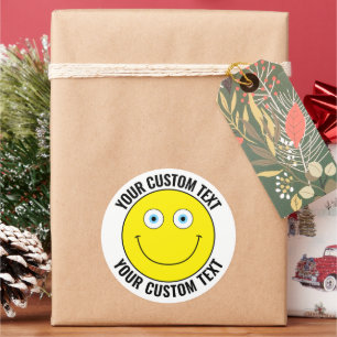 6 Custom Personalised Happy Face YELLOW, Blue Eyes Classic Round Sticker