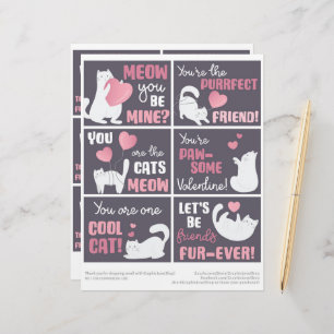 6 Cute Cat Kids Classroom Valentines Day Cards Custom Letterhead