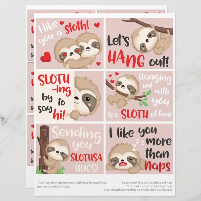 6 Cute Sloth Kids Classroom Valentine's Day Cards Custom Letterhead (Front/Back)