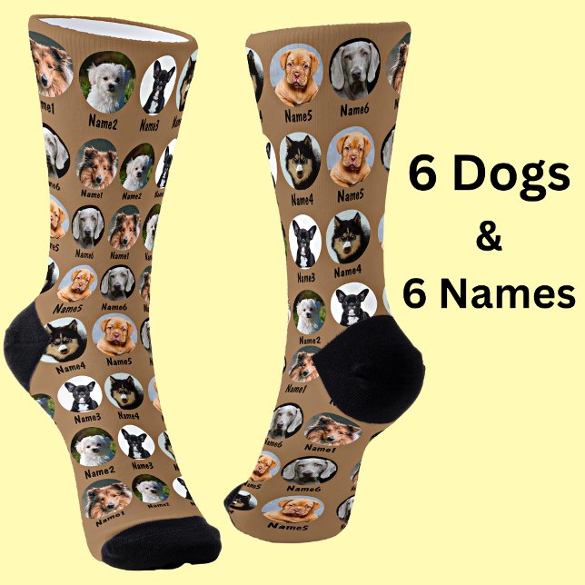 6 Dogs, 6 Names, Dog Photo - Personalised Brown Socks (Creator Uploaded)