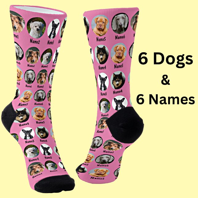 6 Dogs, 6 Names, Dog Photo - Personalised Pink Socks (Creator Uploaded)