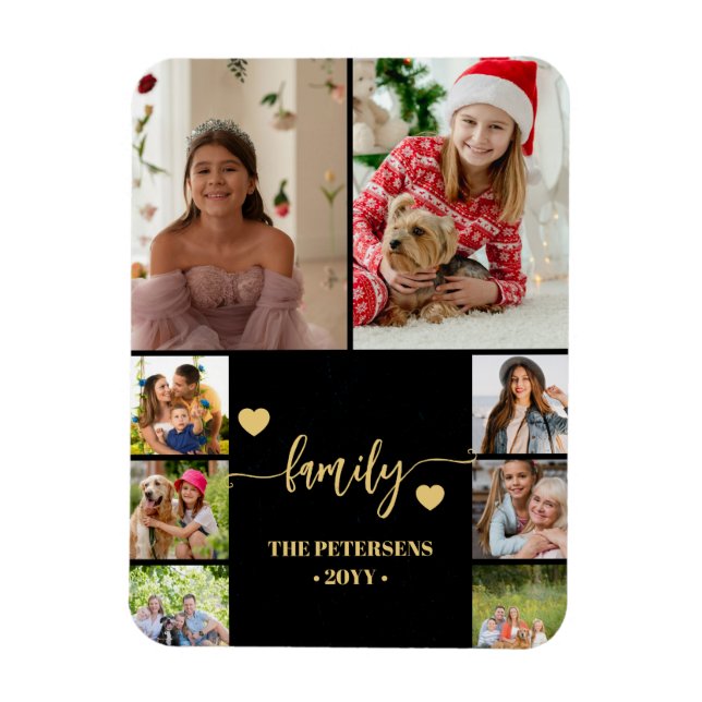 6 family photo collage black gold script magnet (Vertical)