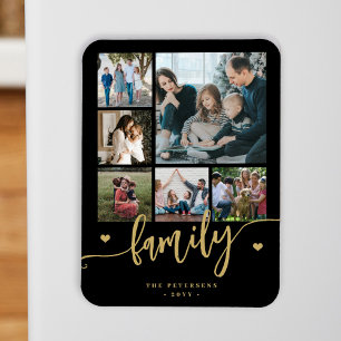 6 family photo collage black gold script  magnet