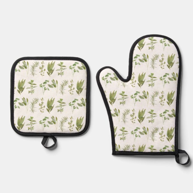 6 FRESH HERBS Oven Mitt & Pot Holder Set (Front)