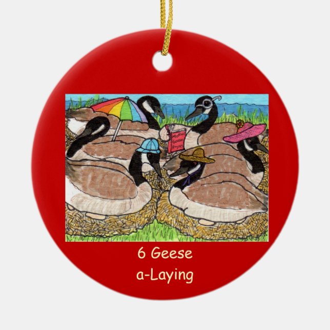 6 Geese a-Laying Ceramic Tree Decoration (Front)