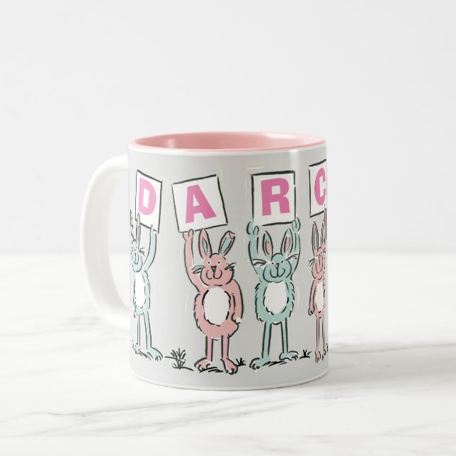 6 Letter Name With Fun Rabbits Two-Tone Coffee Mug (Front Left)