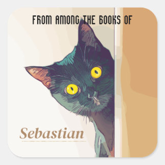 6 Personalised Bookplate/Nameplate with Cat Motif Square Sticker