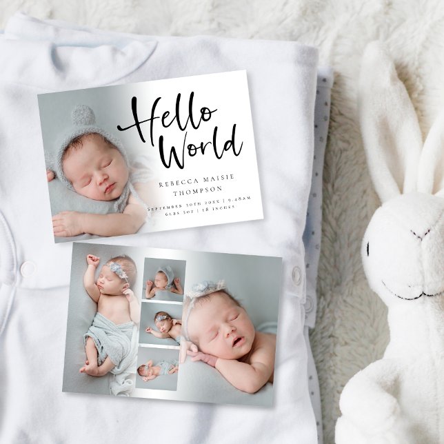 6 Photo Baby Girl Boy Script Hello World Birth Announcement (Creator Uploaded)
