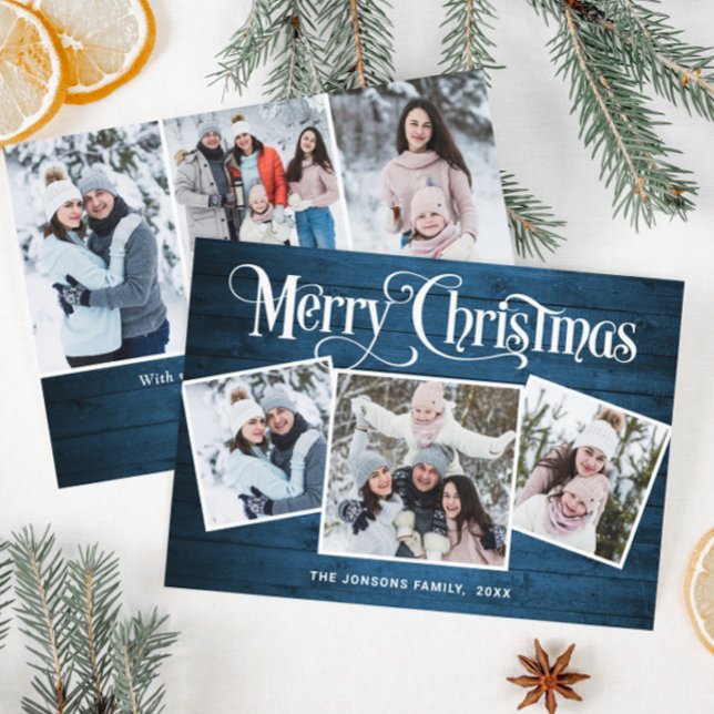 6 PHOTO Christmas Rustic Blue Wood Greeting Holiday Card (Creator Uploaded)