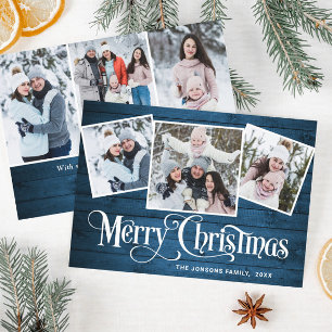 6 PHOTO Christmas Rustic Blue Wood Greeting Holiday Card