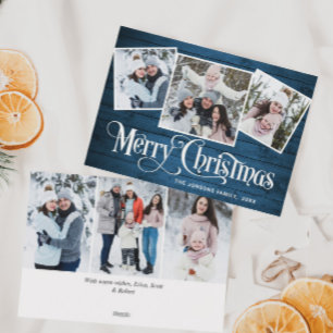6 PHOTO Christmas Rustic Blue Wood Greeting Holiday Card