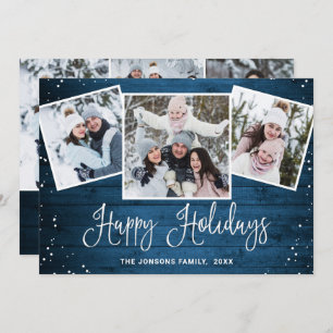6 PHOTO Christmas Rustic Blue Wood Greeting Holiday Card