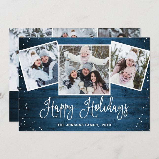 6 PHOTO Christmas Rustic Blue Wood Greeting Holiday Card (Front/Back)