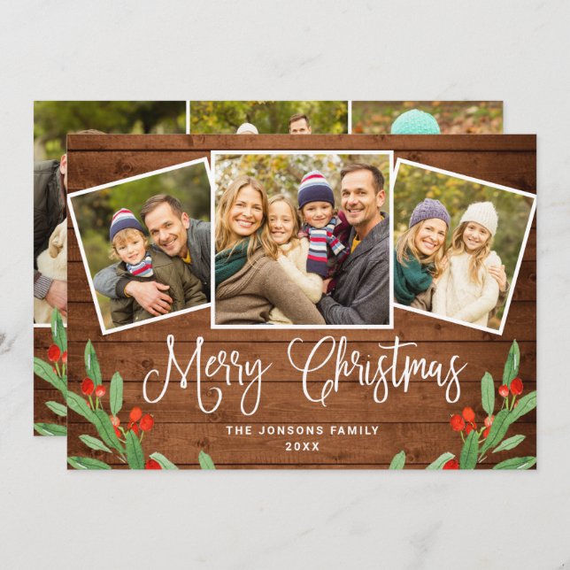 6 PHOTO Christmas Rustic Brown Wood Greeting Holiday Card (Front/Back)
