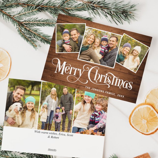 6 PHOTO Christmas Rustic Brown Wood Greeting Holiday Card (Creator Uploaded)