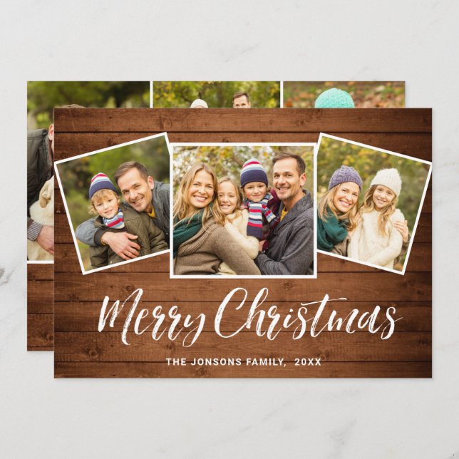 6 PHOTO Christmas Rustic Brown Wood Greeting Holiday Card (Front/Back)