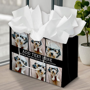 6 Photo Collage 2 Lines of Text -- CAN Edit Black Large Gift Bag