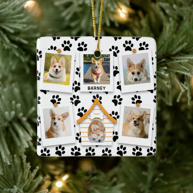 6 Photo Collage Add Name Dog House Paw Prints Ceramic Ornament (Tree)