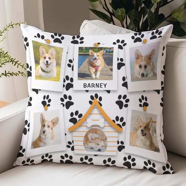 6 Photo Collage Add Name Dog House Paw Prints  Cushion (6 Photo Collage, Add Your Dog Name, Doghouse and Paw Prints Pillow)
