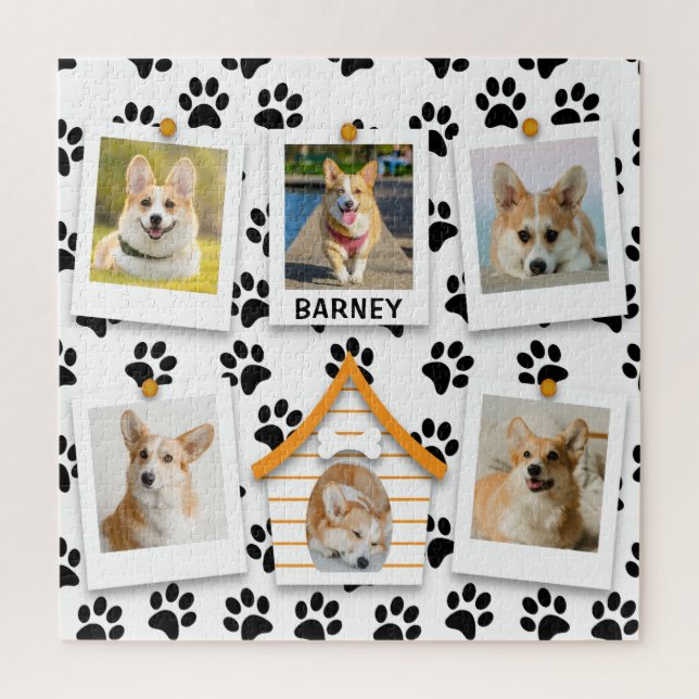 6 Photo Collage Add Name Dog House Paw Prints Jigsaw Puzzle (Vertical)