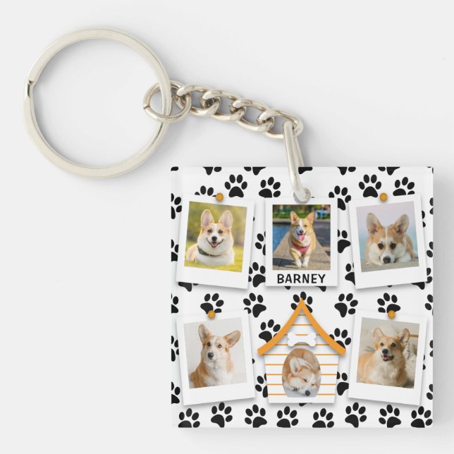 6 Photo Collage Add Name Dog House Paw Prints  Key Ring (Front)
