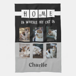 6 photo collage animal lover black grey tea towel