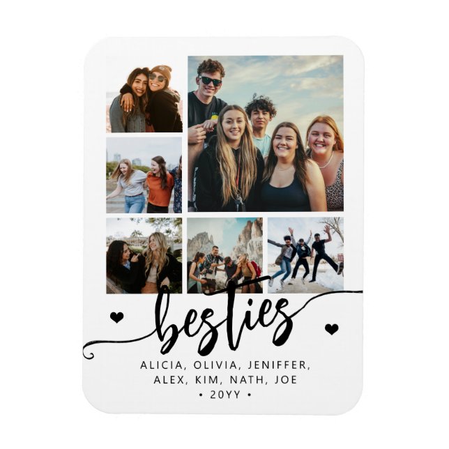 6 photo collage besties white and black script  magnet (Vertical)