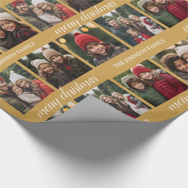 6 Photo Collage - Big Merry Christmas Script Gold Wrapping Paper (Corner)