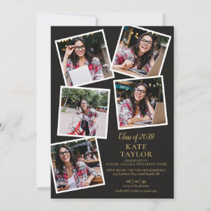 6 Photo Collage Black And Gold Graduation Party Invitation