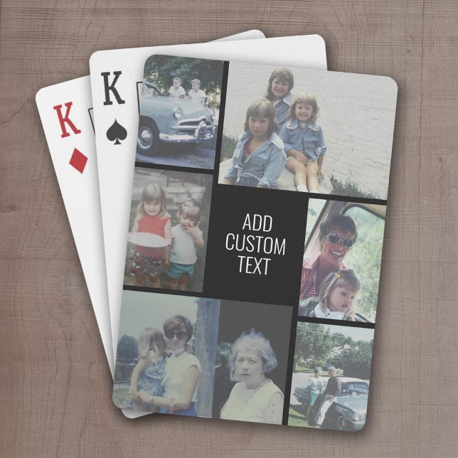 6 photo collage - black background - white text playing cards (Personalized Playing Cards - Add 6 Photos and Custom Text)