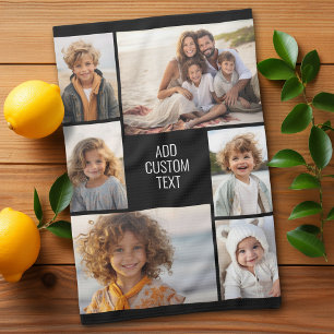 6 photo collage - black background - white text tea towel