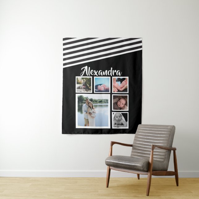 6 Photo Collage Black Striped Pattern Personalised Tapestry (In Situ)