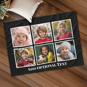 6 Photo Collage black with white text - big photos Fleece Blanket