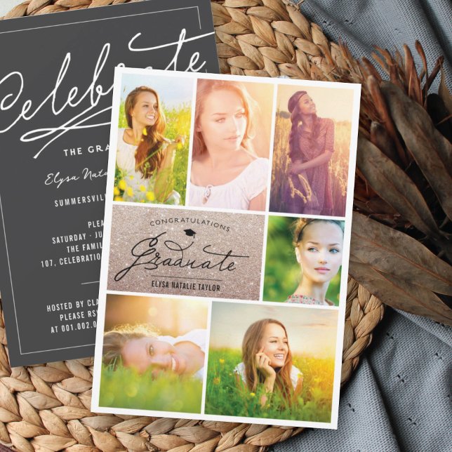 6 Photo Collage Bronze Glitter Graduation Party Invitation (Creator Uploaded)
